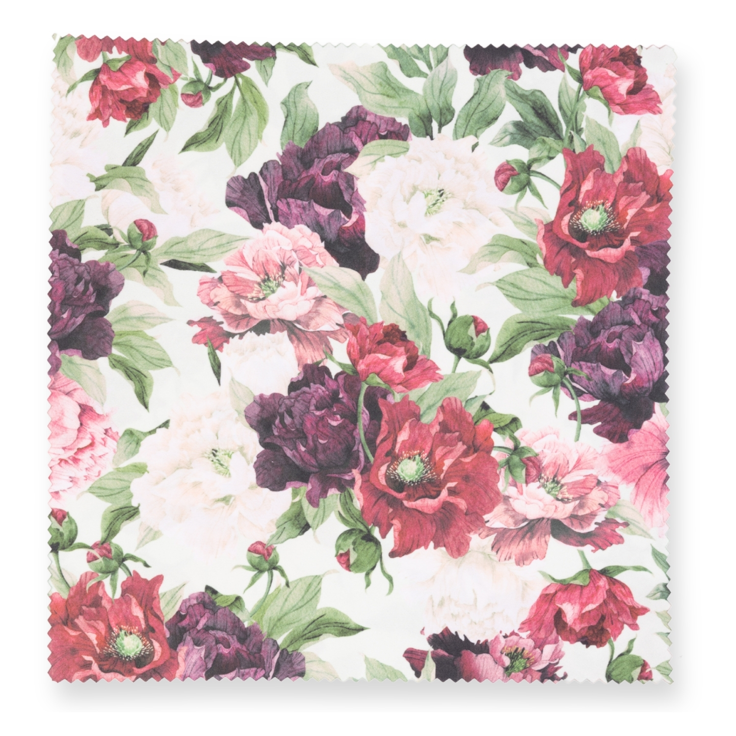 Stoffmuster mit roten und violetten Blumen und grünen Blättern auf weißem Hintergrund.