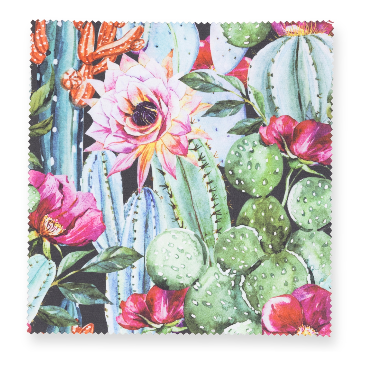 Stoffmuster mit Kaktus- und Blumenmuster auf schwarzem Hintergrund.