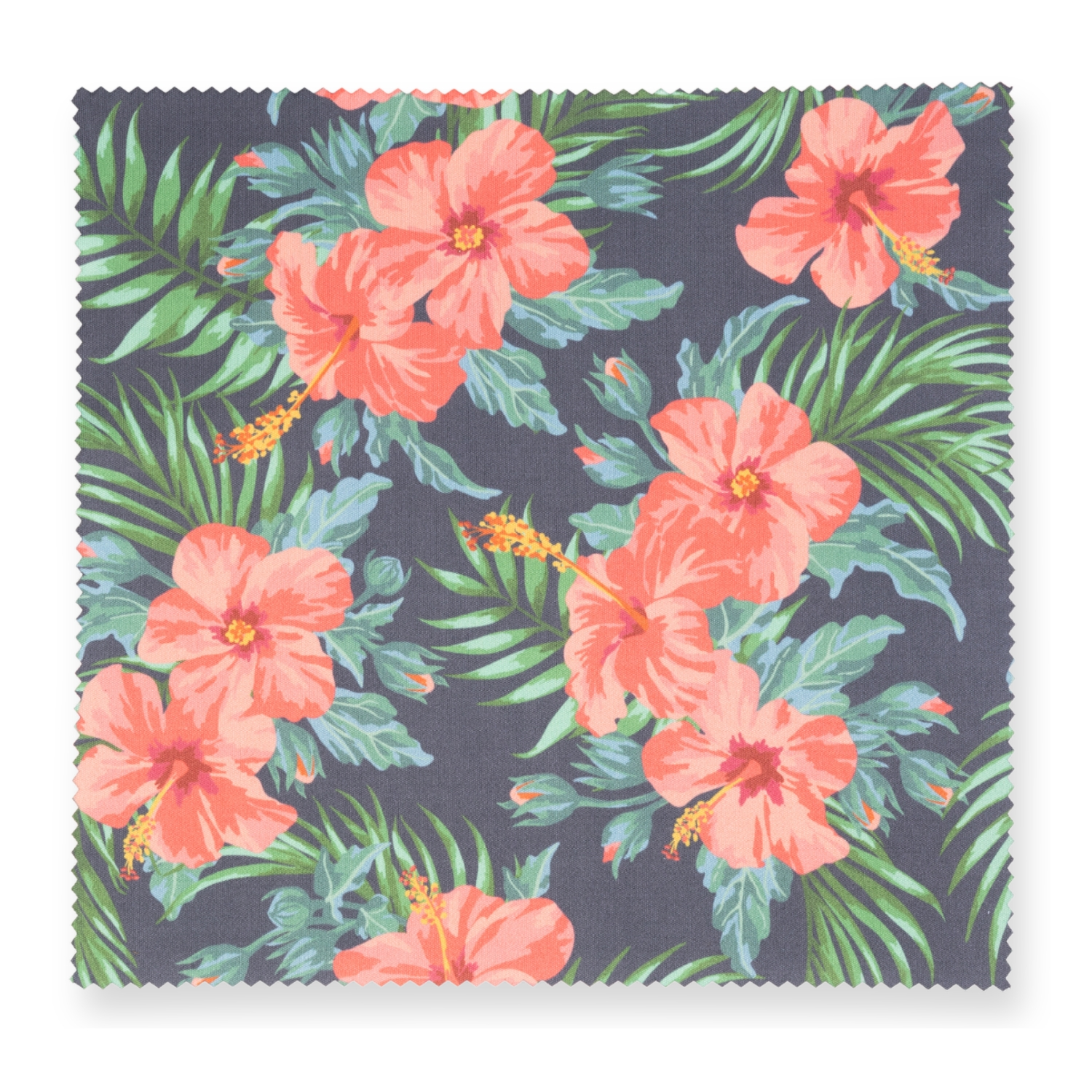 Stoffmuster mit orangefarbenen Hibiskusblüten und grünen Blättern auf dunkelgrauem Hintergrund.