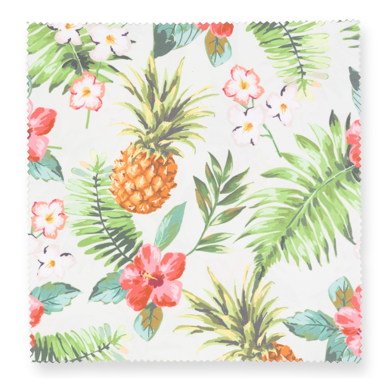 Stoffmuster mit Ananas, Blumen und tropischen Blättern in verschiedenen Farben auf weißem Hintergrund.