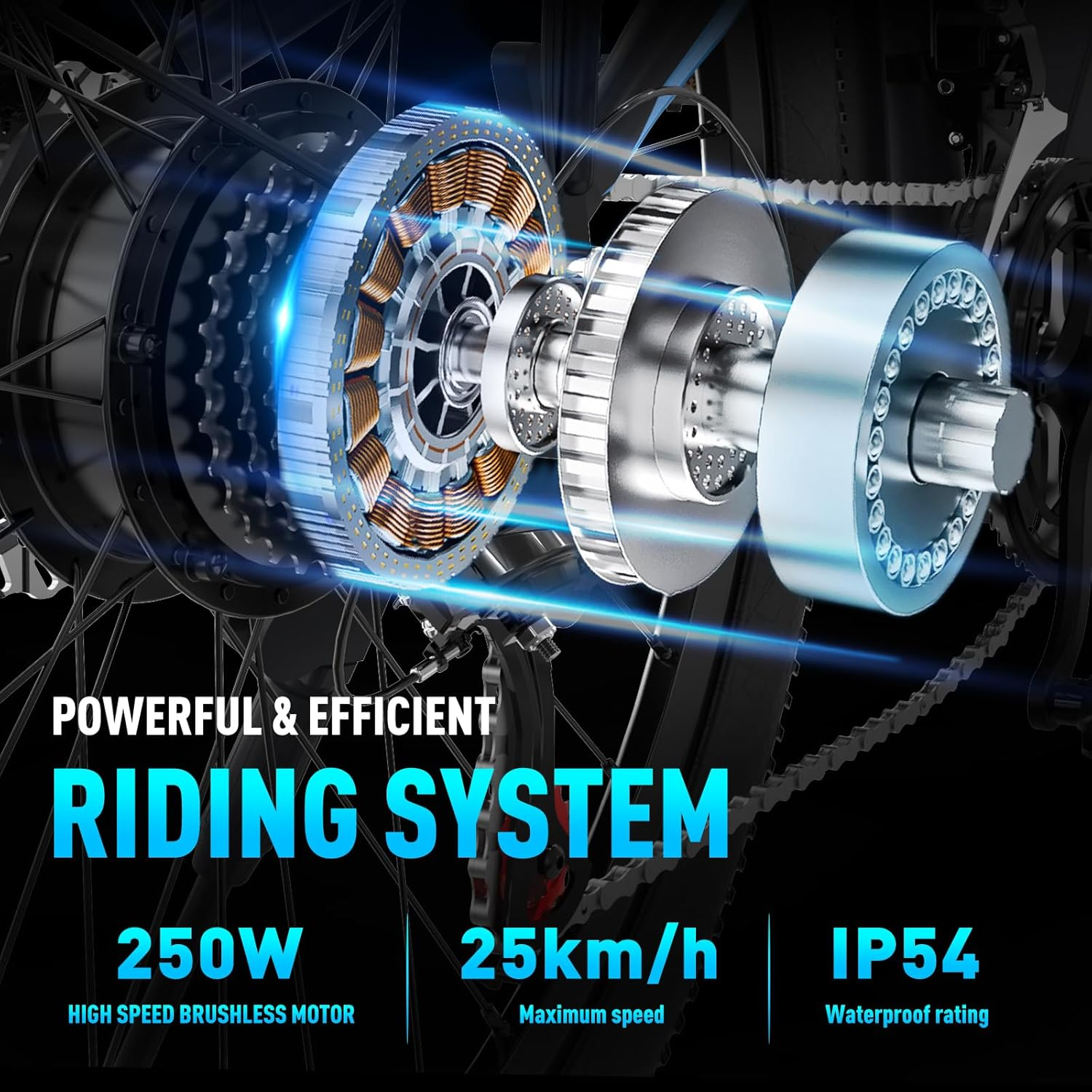 Części motocykla, w tym silnik i przekładnie z tekstami o 250W, 25km/h i IP54.