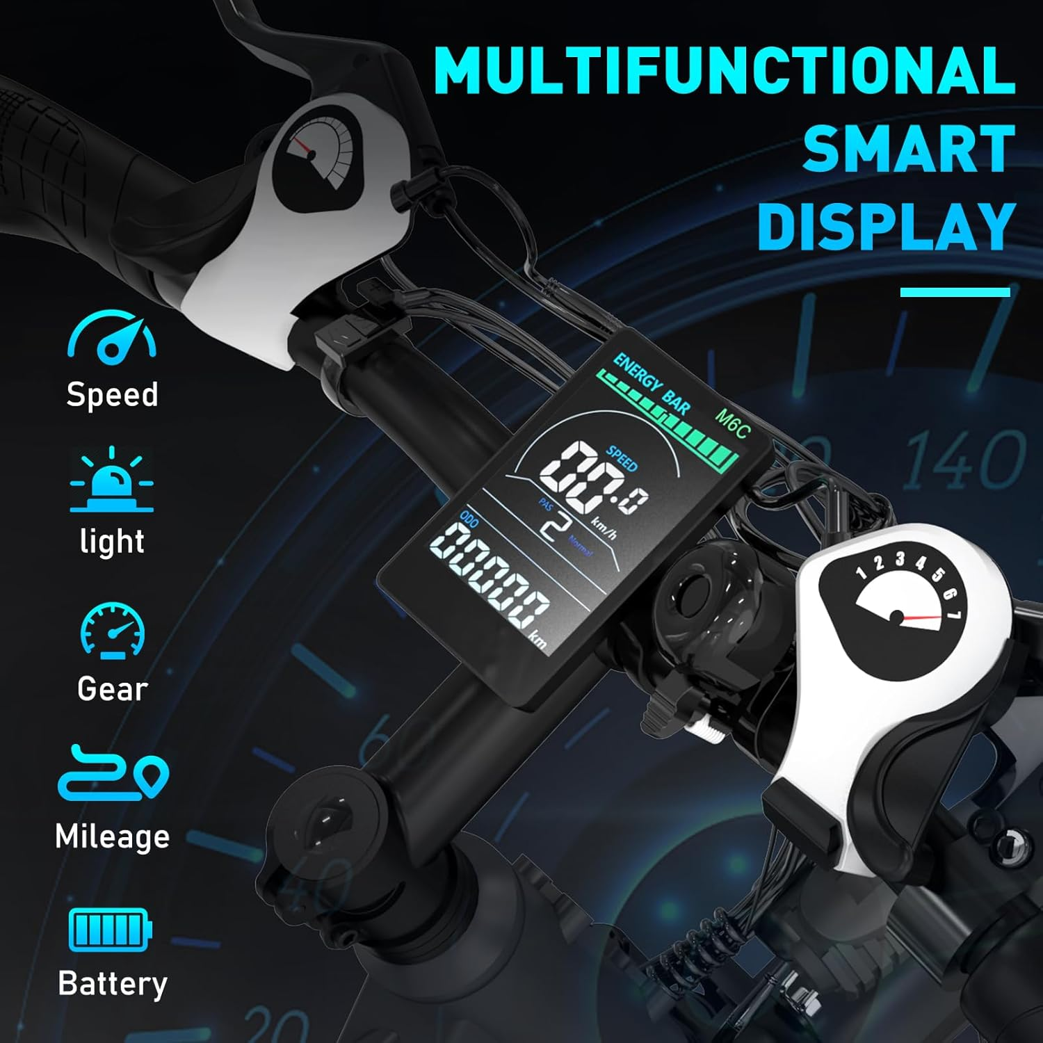 Inteligentny wyświetlacz roweru pokazujący prędkość, światło, bieg, przebieg i baterię.