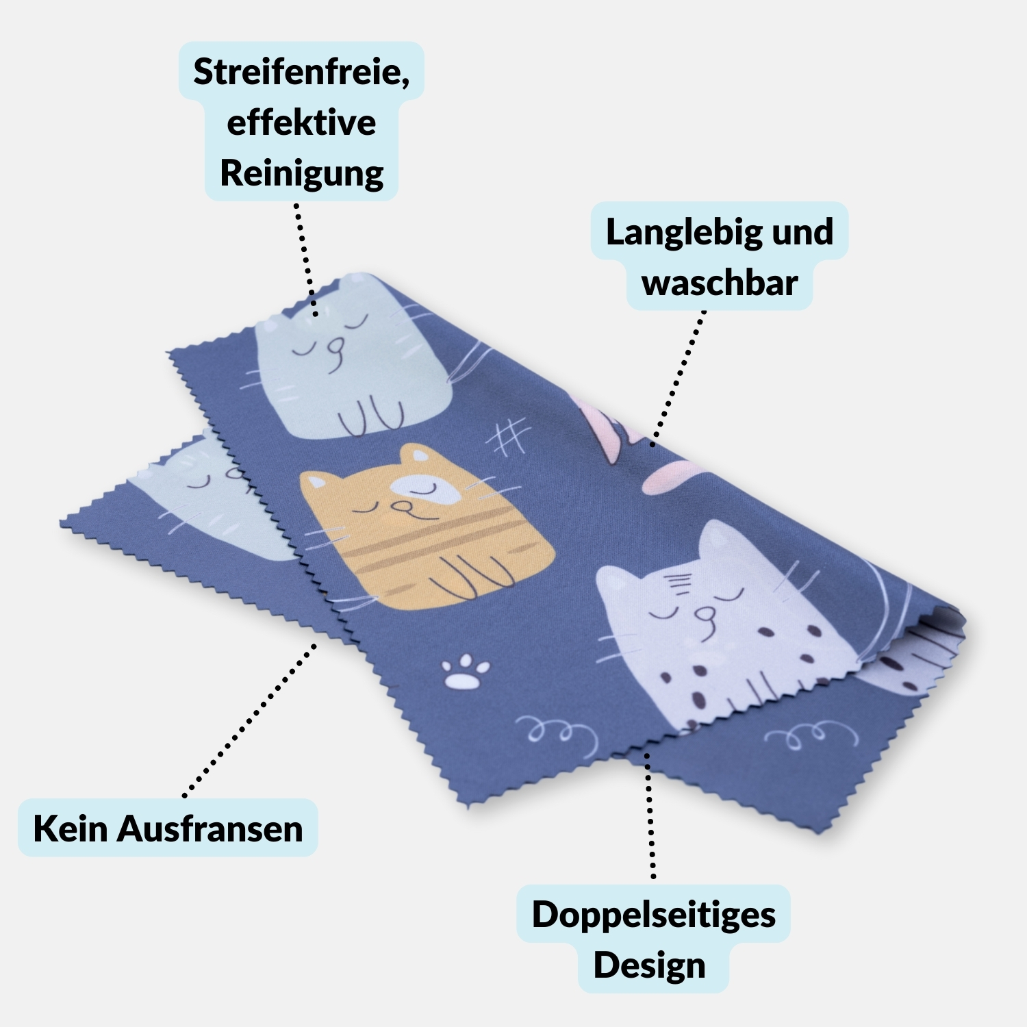Zwei blaue Reinigungstücher mit Katzenmotiven, die Katzenillustrationen und Textbeschriftungen mit Merkmalen wie Haltbarkeit und Design aufweisen.