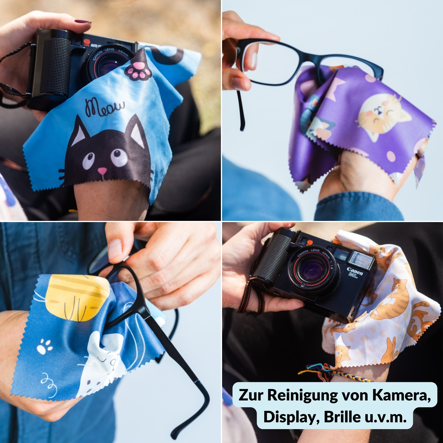 Vier Bilder, die Reinigungstücher mit Katzenmustern zeigen, die zum Reinigen einer Kamera, einer Brille und des Kameraobjektivs verwendet werden.