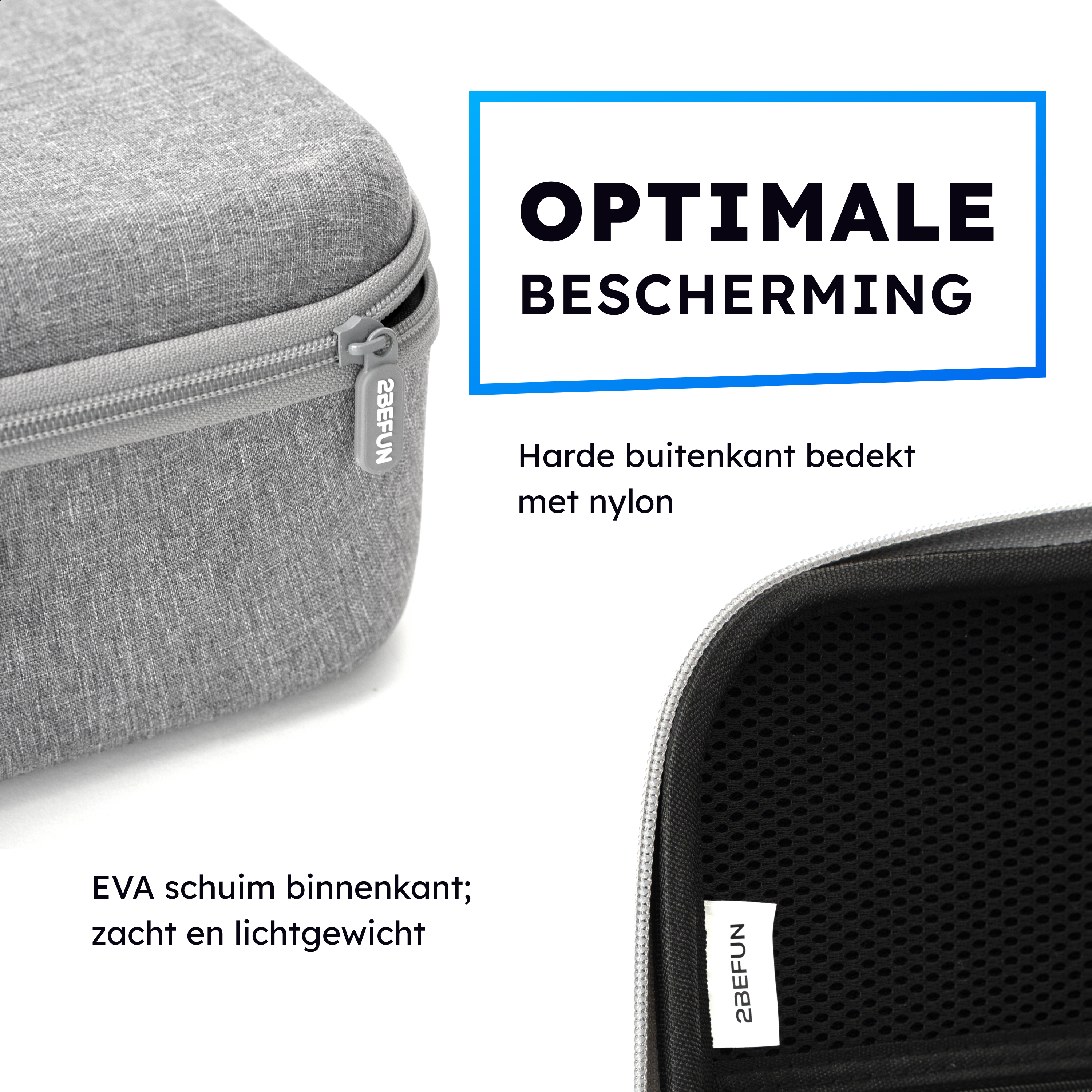 Gray carrying case with a zipper, and the text says optimal protection with a nylon exterior and EVA foam interior.