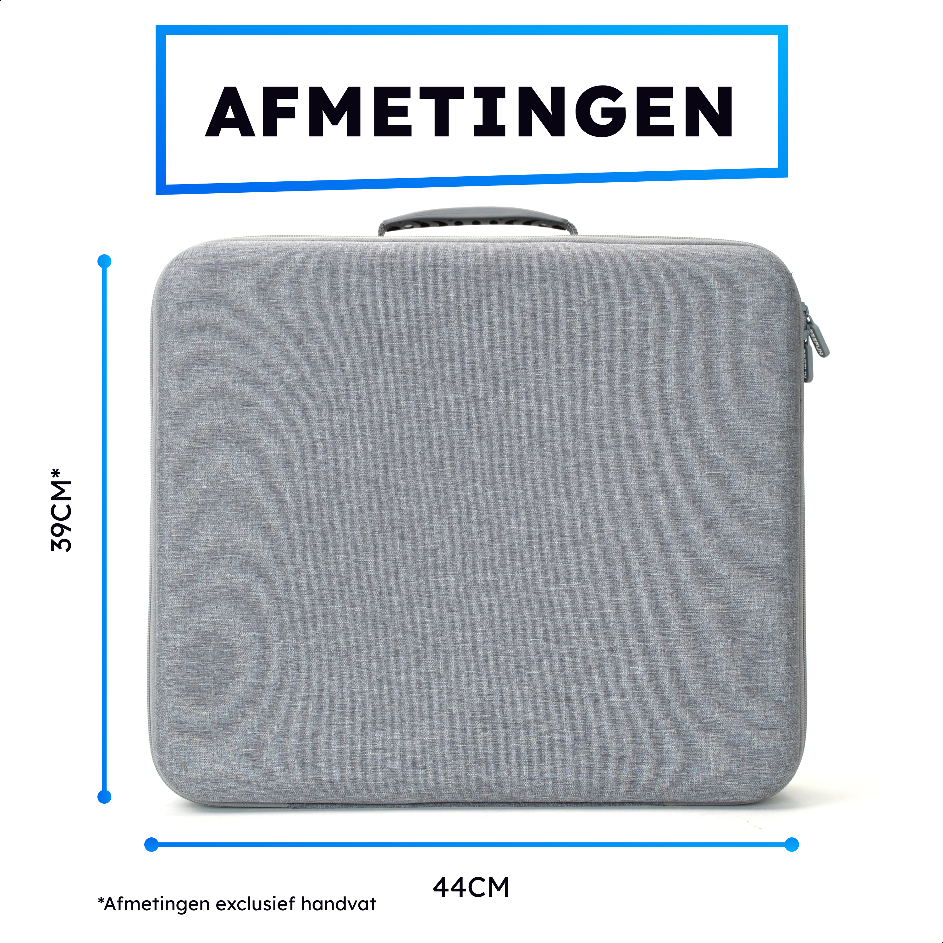 Gray rectangular carrying case. Dimensions are 39 cm and 44 cm. Text on the top states dimensions.