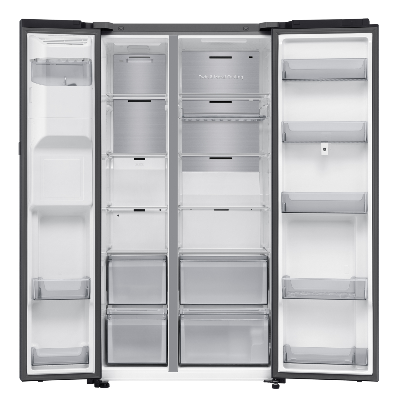 Offener schwarzer Samsung Kühlschrank. Regale und Schubladen sind sichtbar.