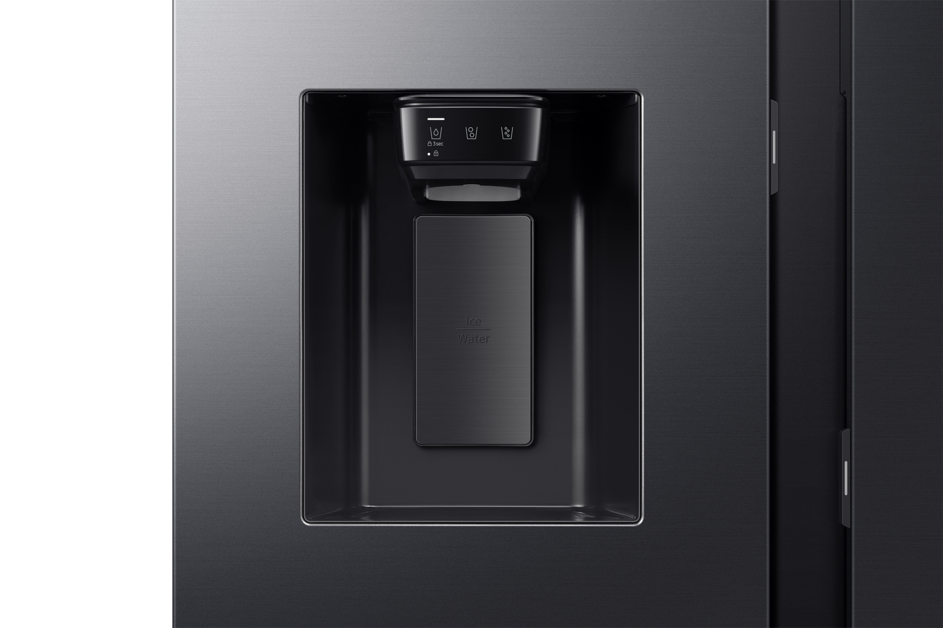 Schwarzer Samsung Kühlschrank Wasserspender mit Wasser- und Eisauswahl.