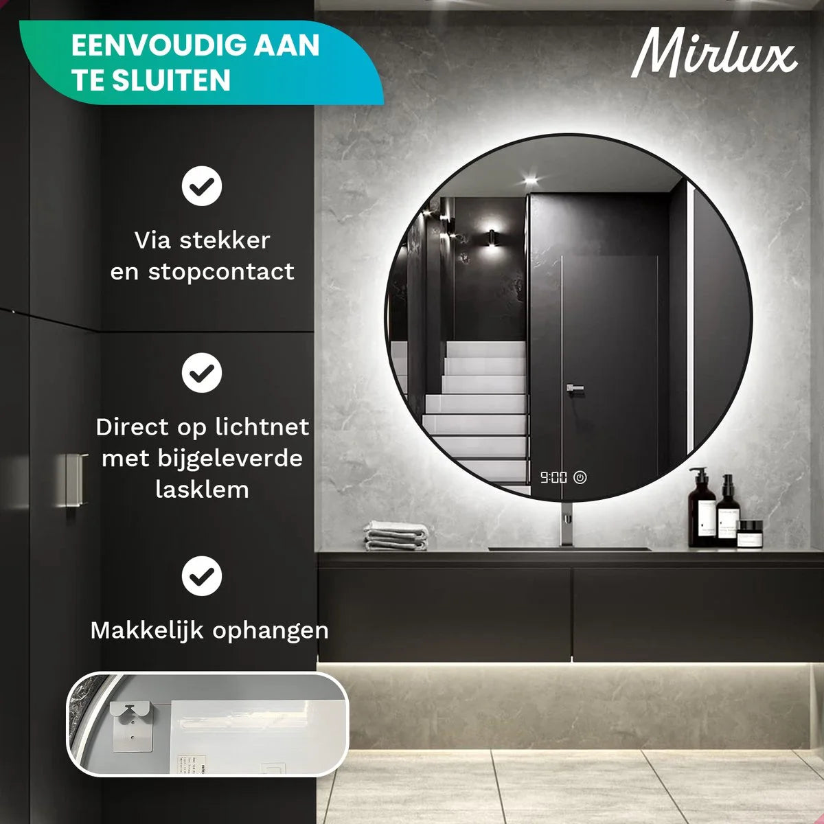 A bathroom mirror with a black frame, a digital clock, and product details.