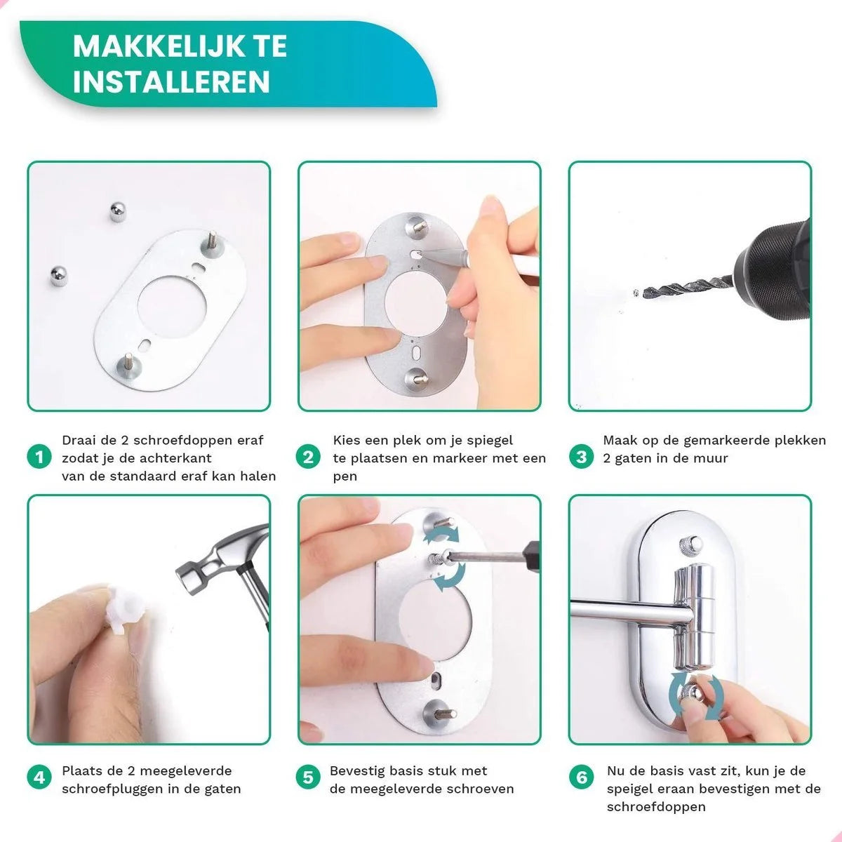 Instructions for installing a mirror, with numbered steps and illustrations of tools and hands.