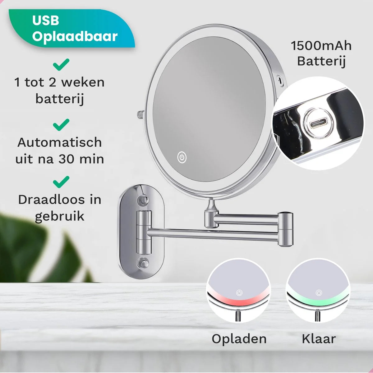 Oplaadspiegel met specificaties. Kenmerken: USB oplaadbaar, batterijduur, automatisch uitschakelen en draadloos gebruik.