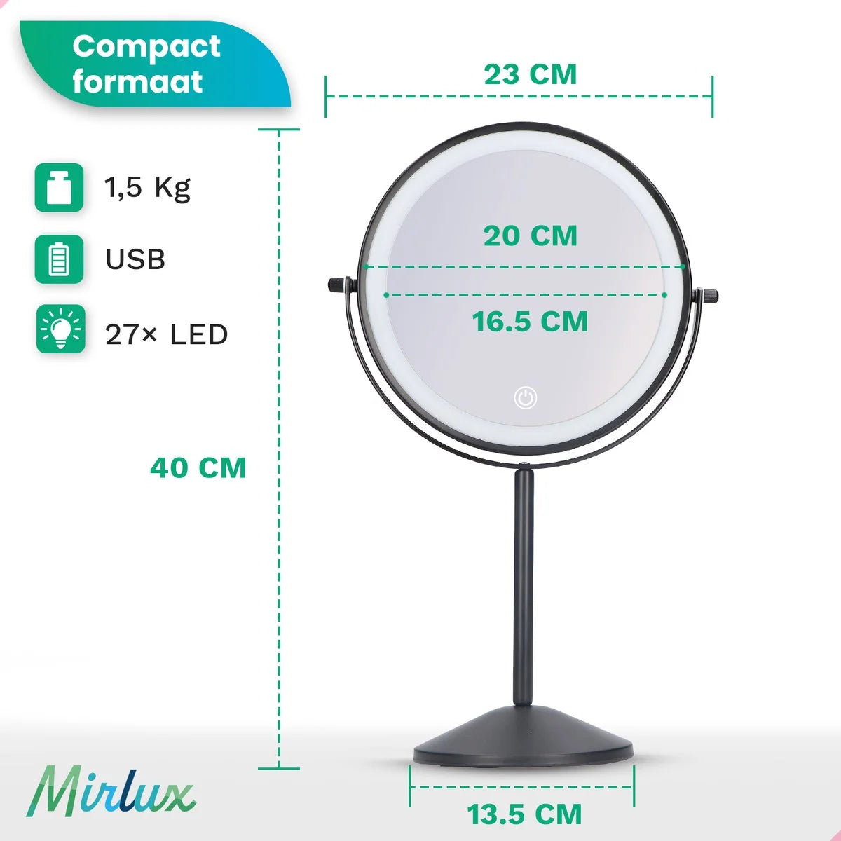 Een ronde spiegel met afmetingen en een USB-oplaadpoort. Voorzien van 27 LED's en een afmeting van 40 cm x 23 cm.