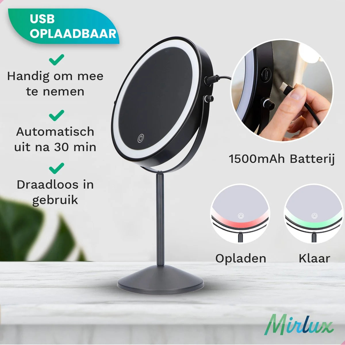 Een spiegel met een standaard en USB-opladen. Het toont de laadstatus met rode en groene lampjes. Het merk is Mirlux.