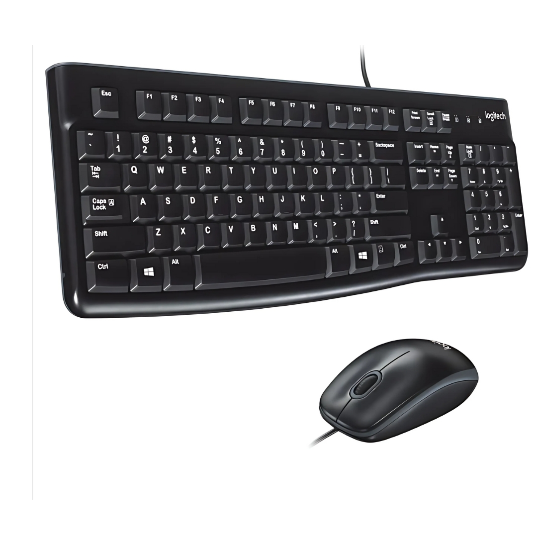 Juego de teclado y ratón negro. El teclado tiene diseño estándar con teclas blancas, y el ratón es negro simple.