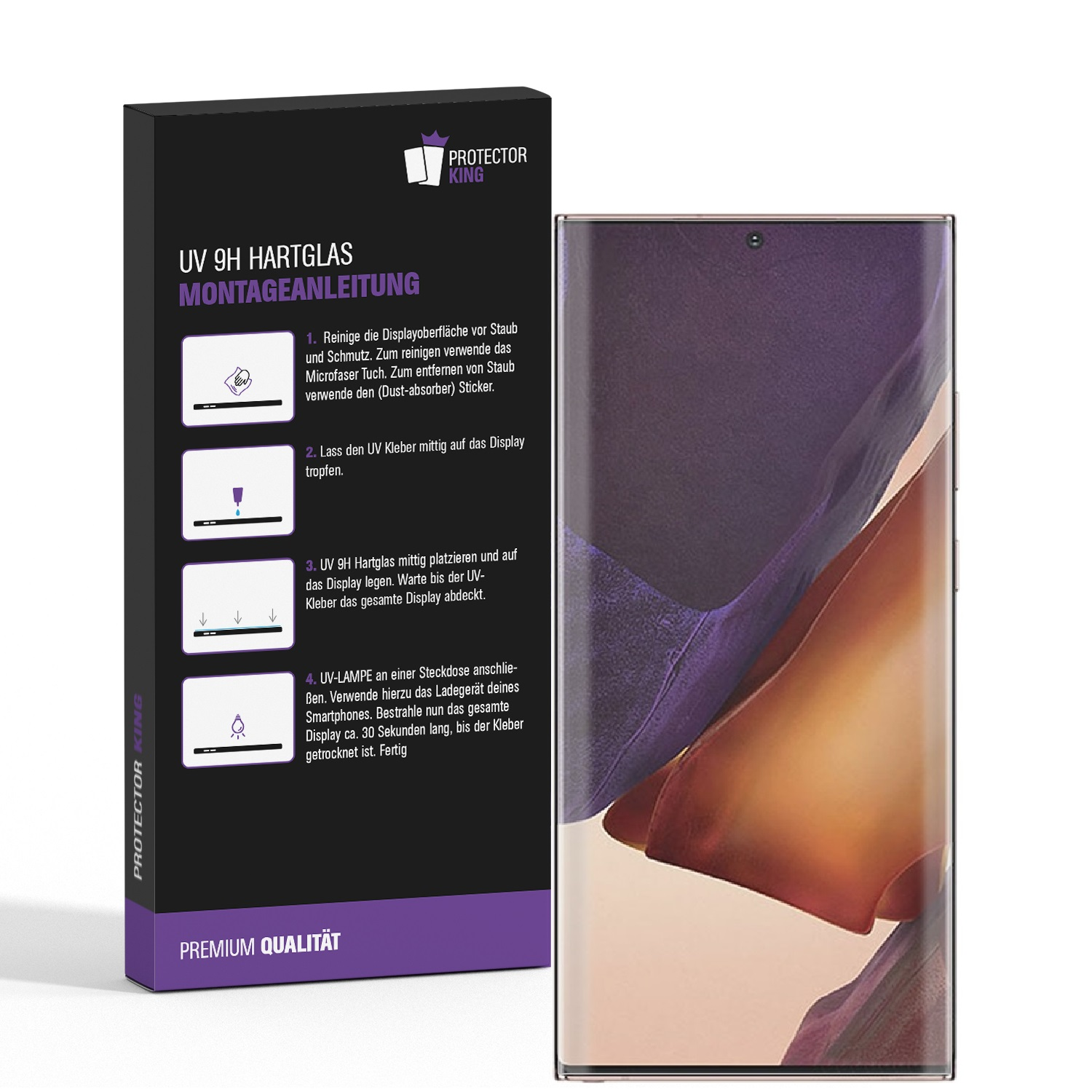 Smartphone und Displayschutzverpackung. Installationsanweisungen auf der Box. Telefonbildschirm sichtbar.