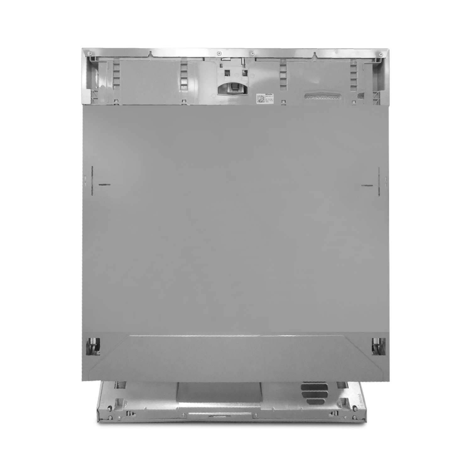 Die Rückseite eines Geschirrspülers, die das Metallpaneel und den unteren Teil zeigt.