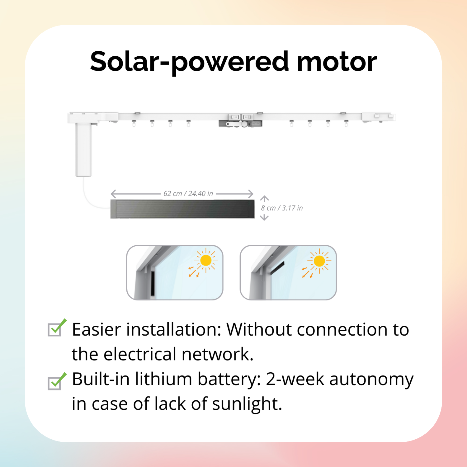 Diagramma di un motore a energia solare con dimensioni e testo su facile installazione e batteria al litio.