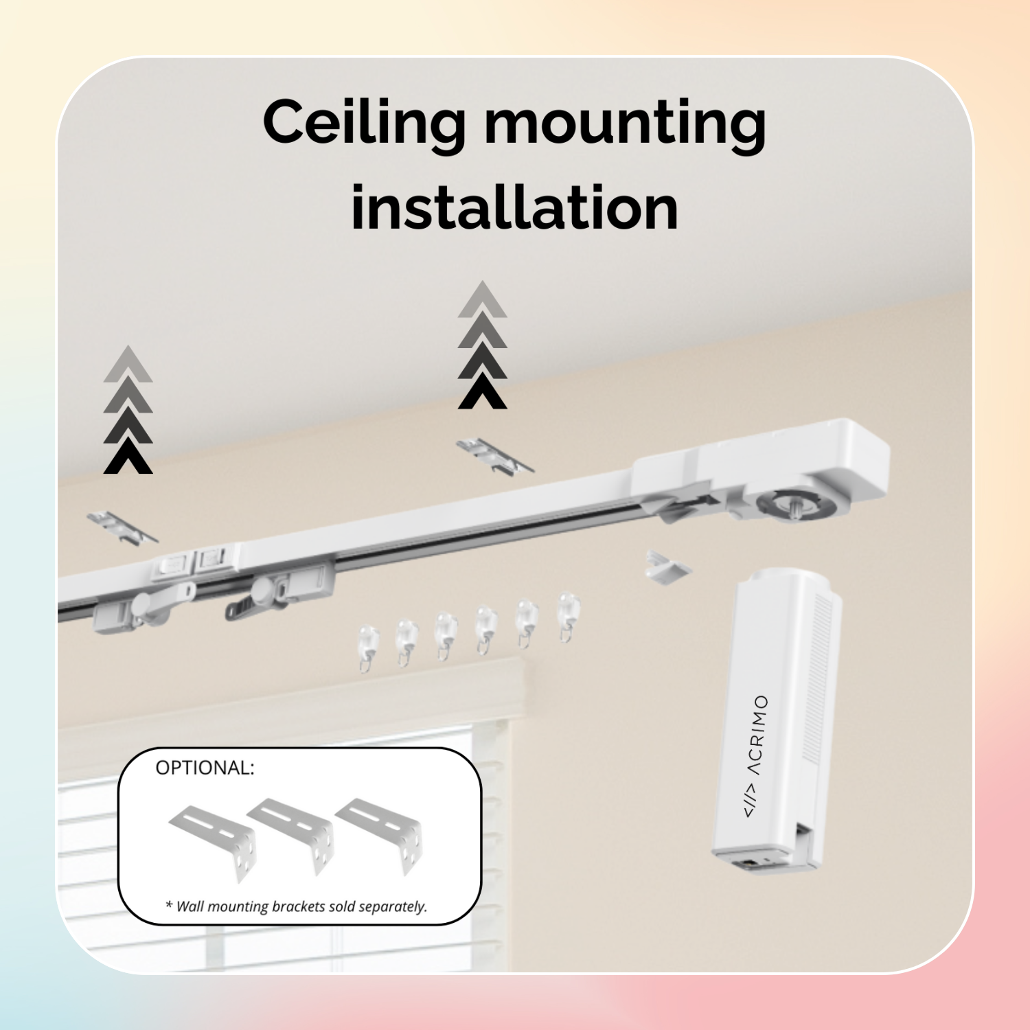 Schema di installazione a soffitto con binario per tende e staffe. Staffe a parete opzionali.