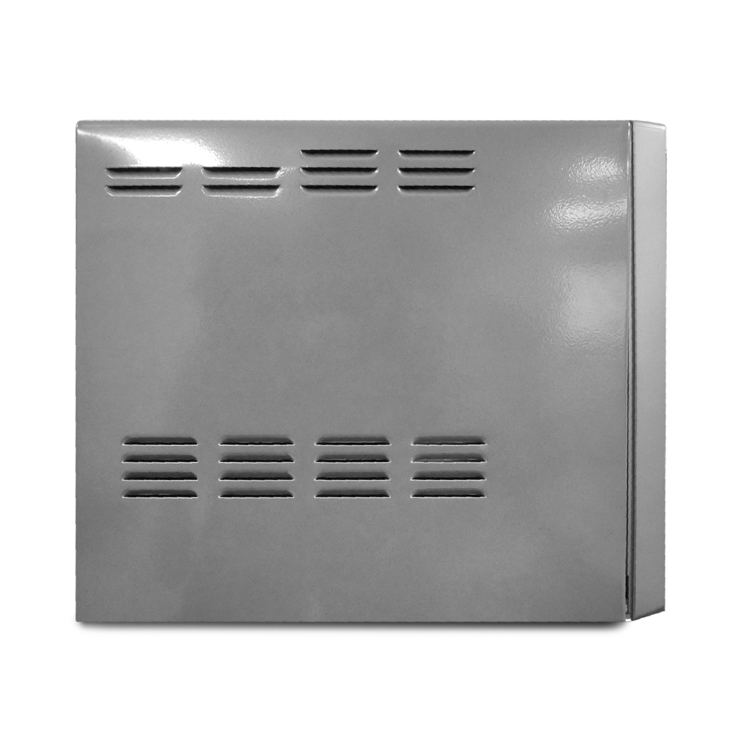 A gray rectangular appliance side. Features ventilation slots, with a dark gray surface.