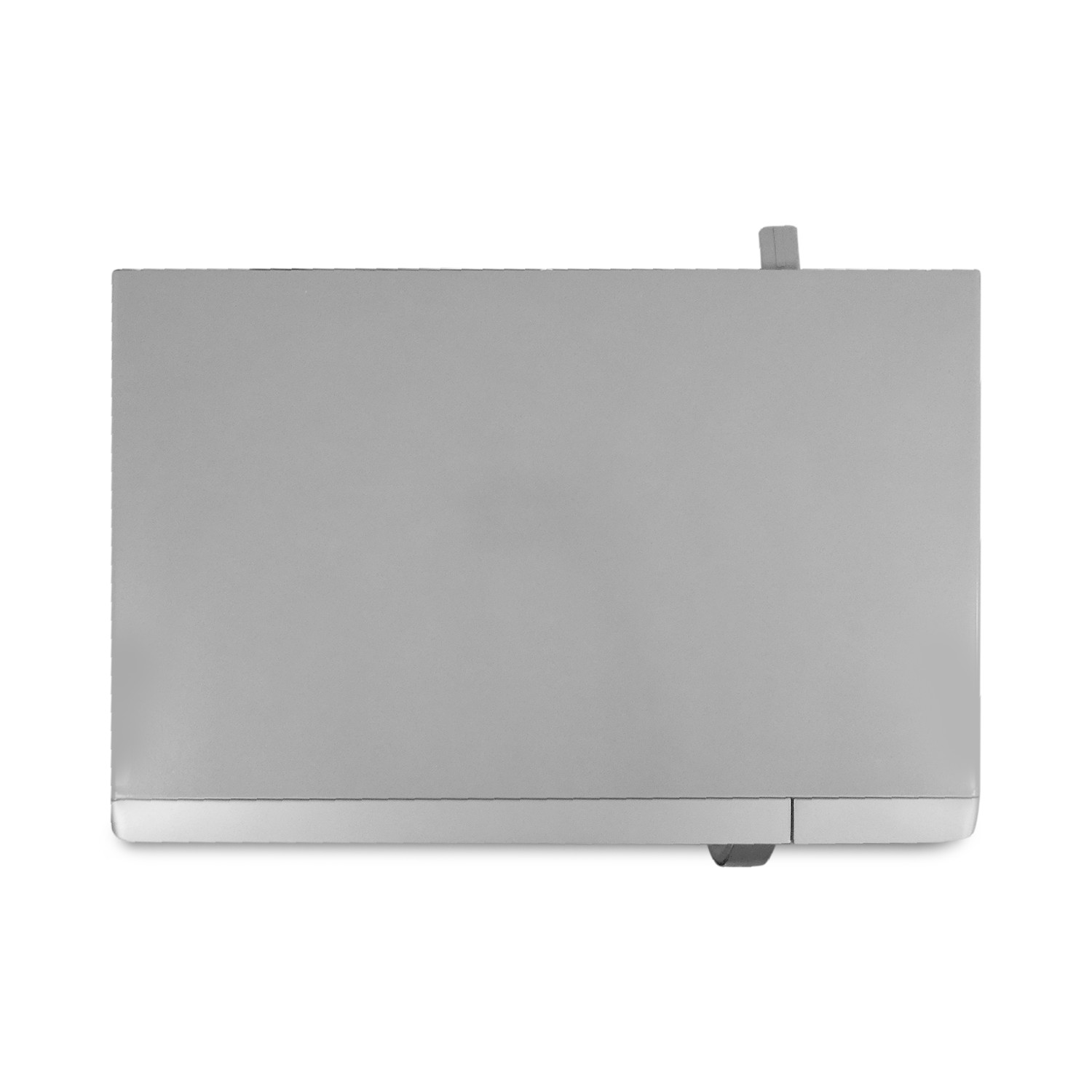 A gray rectangular object. It has a small, dark gray rectangular tab on the bottom right.
