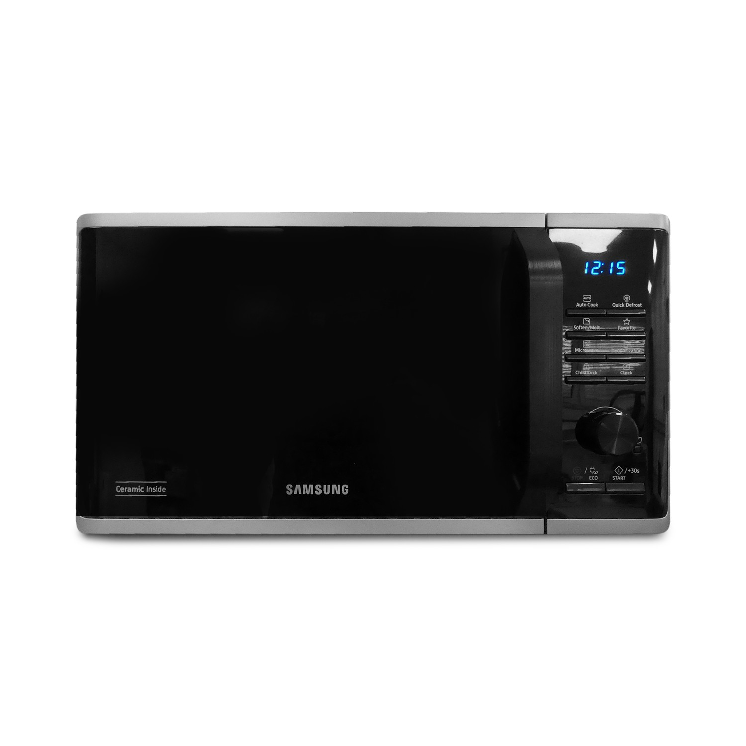 A black Samsung microwave with a digital display showing 12:15. Buttons on the right side.