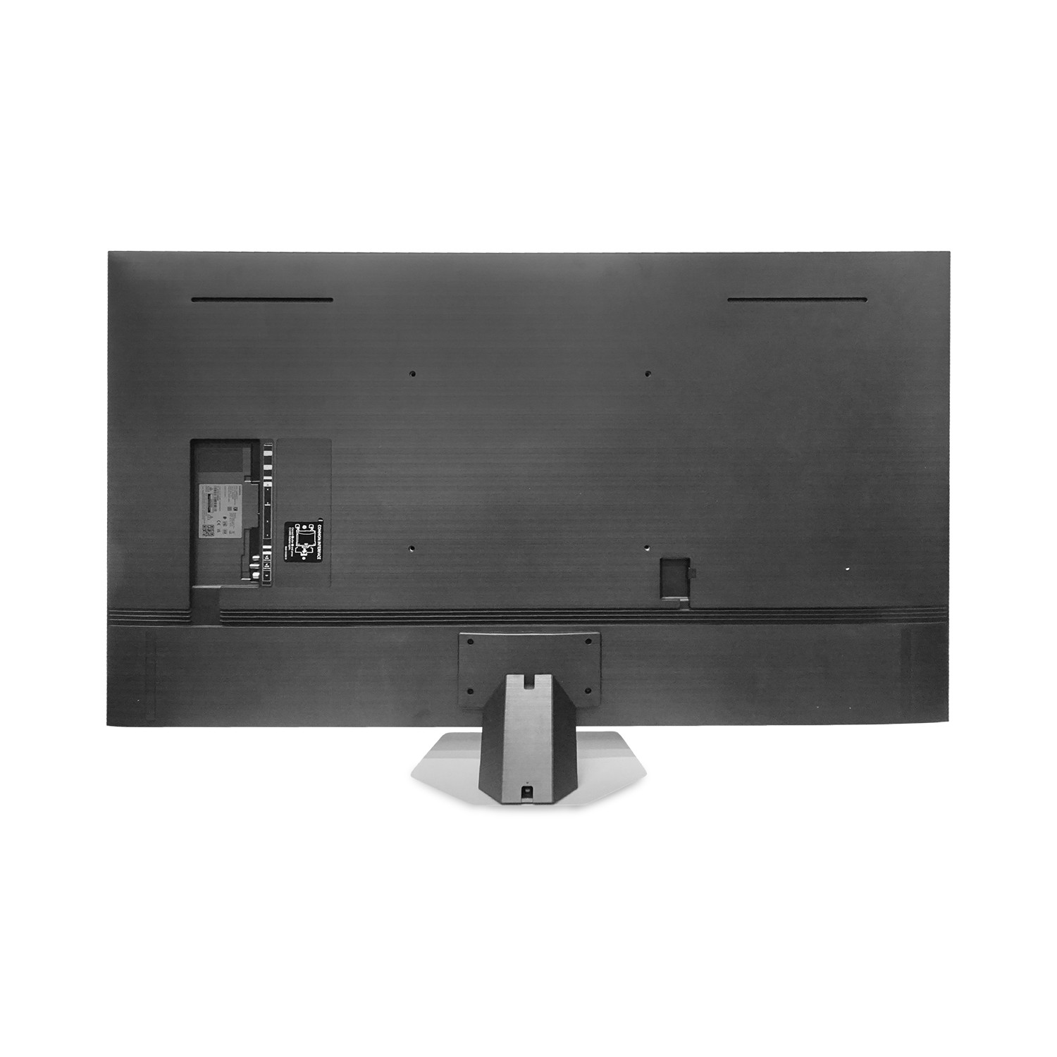Rückansicht eines schwarzen Fernsehers. Rückseite mit Anschlüssen, Ständer und strukturierter Oberfläche.