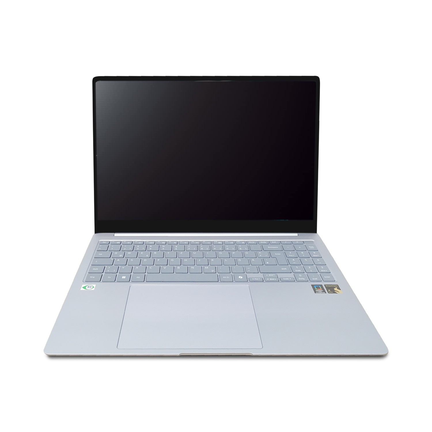 Offener Laptop auf weißem Hintergrund. Der Laptop ist hellgrau mit Tastatur und schwarzem Bildschirm.