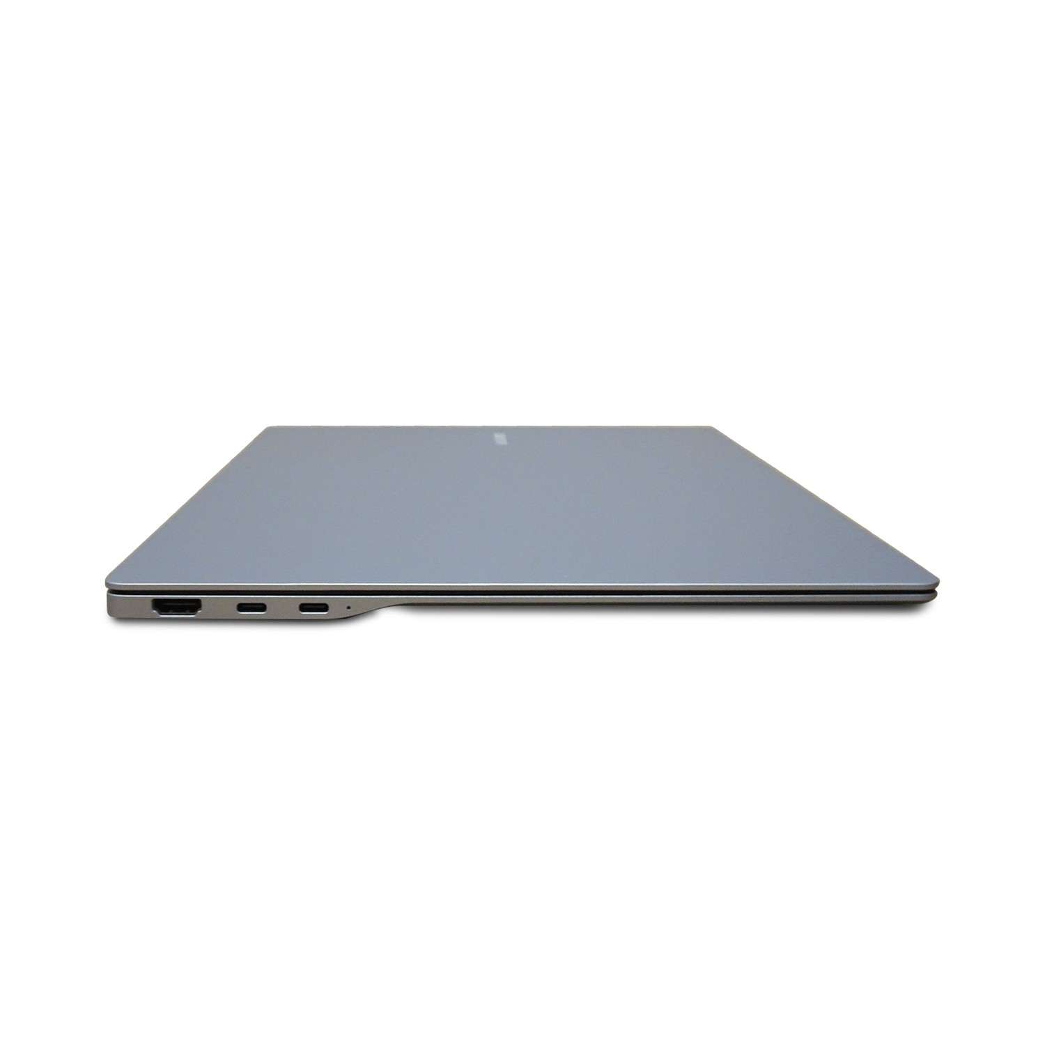 Seitenansicht eines grauen Laptops. Es zeigt Anschlüsse auf einer Seite.