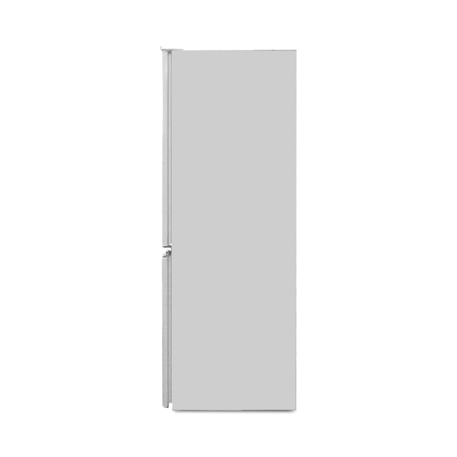 Vista laterale di elettrodomestico grigio su sfondo bianco. Con porta e maniglia.
