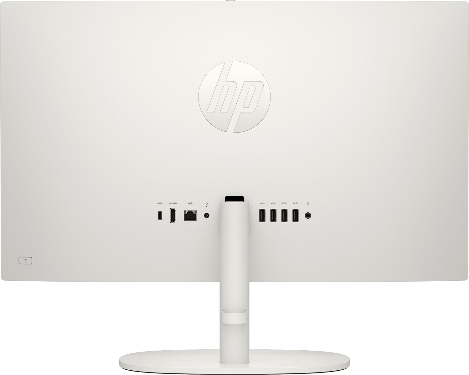Vista posteriore di un computer HP all-in-one bianco. Porte, pulsante di accensione e supporto visibili. Logo HP in alto.