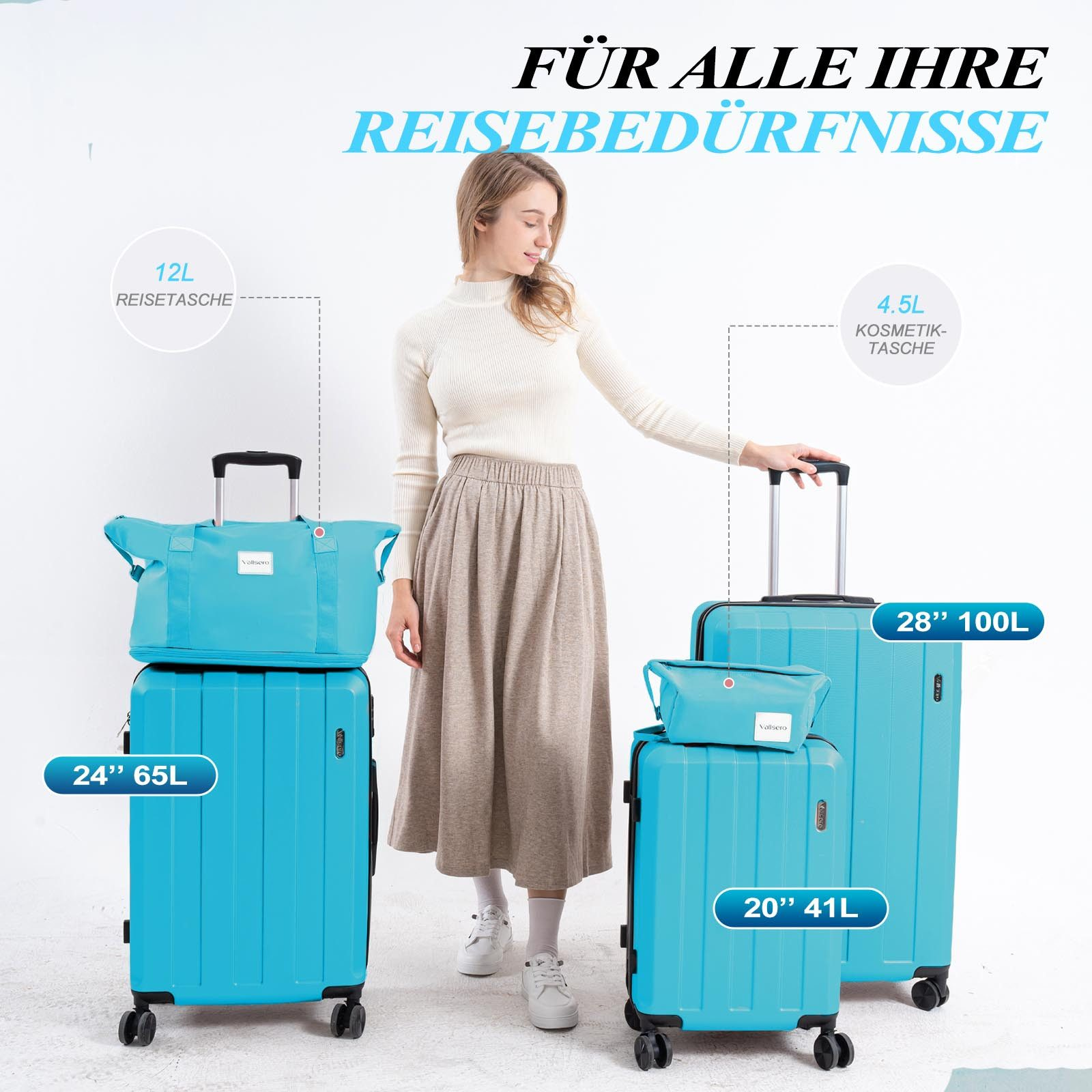 Frau mit blauen Koffern. Text: Für alle Ihre Reisebedürfnisse. Koffergrößen sind angegeben.