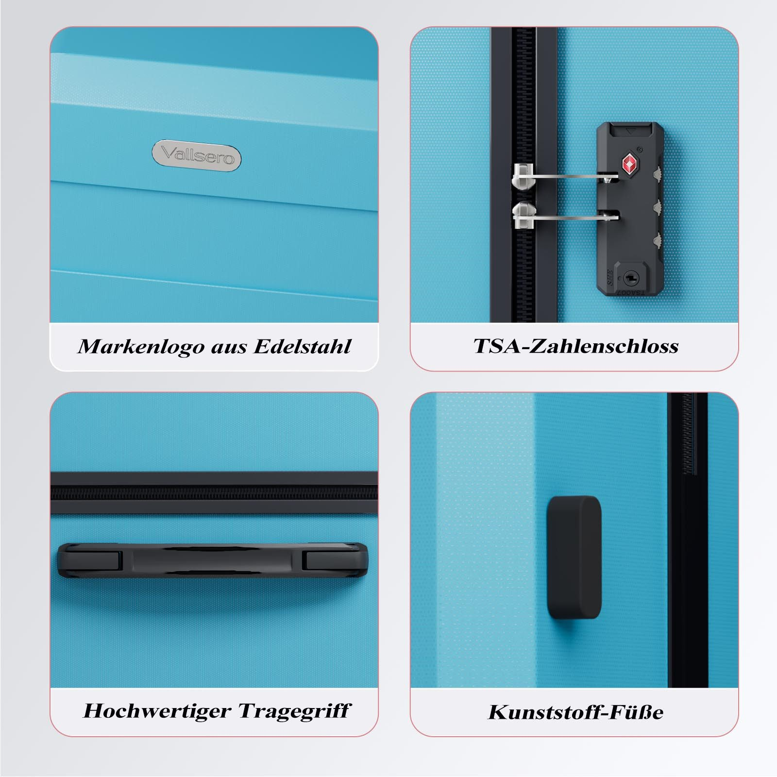 Nahaufnahme eines blauen Koffers. Details: Edelstahl-Logo, TSA-Schloss, Griff, Kunststofffüße.