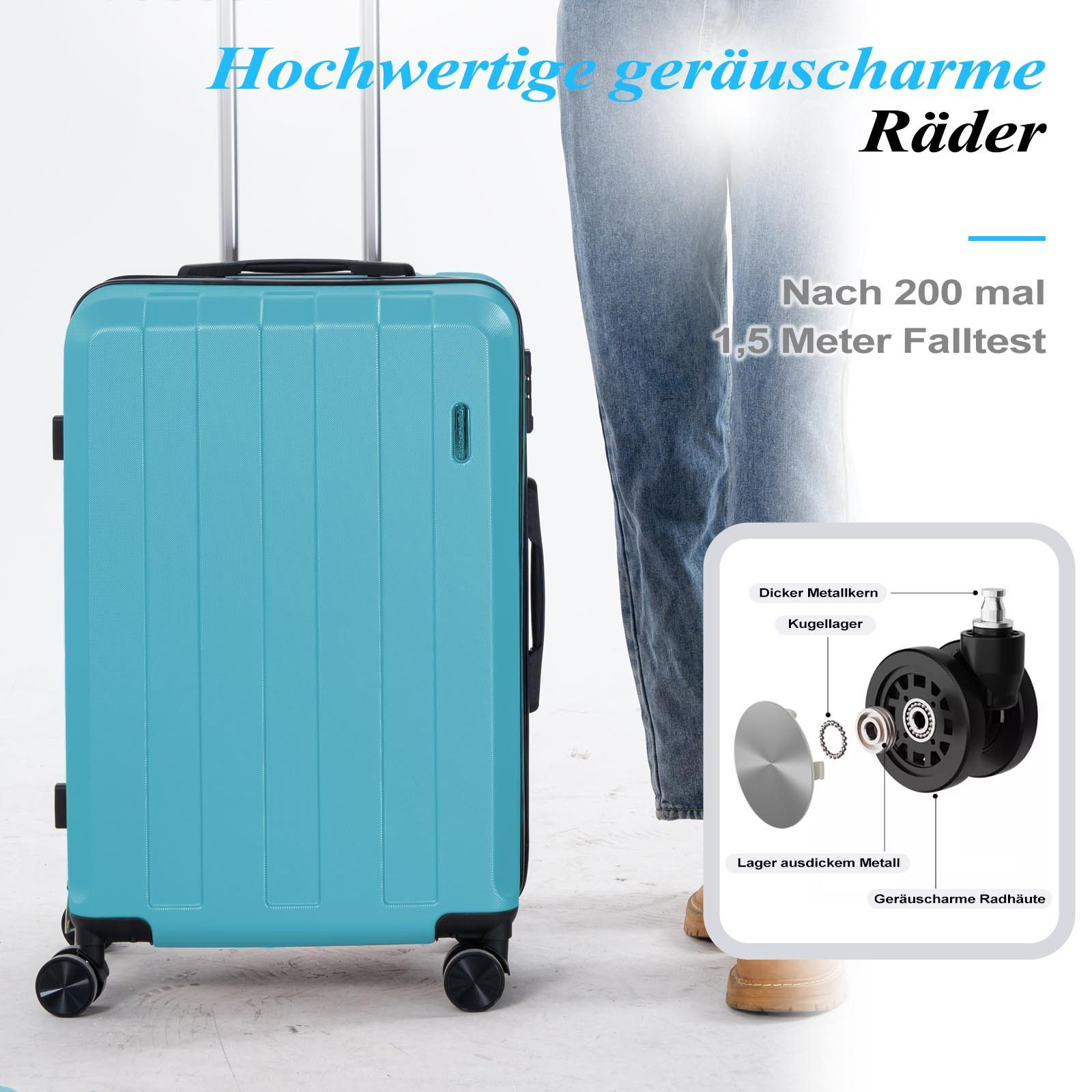 Blauer Koffer mit Diagramm eines Rads. Text auf Deutsch. Räder, Metallkern und Lager sind beschriftet.