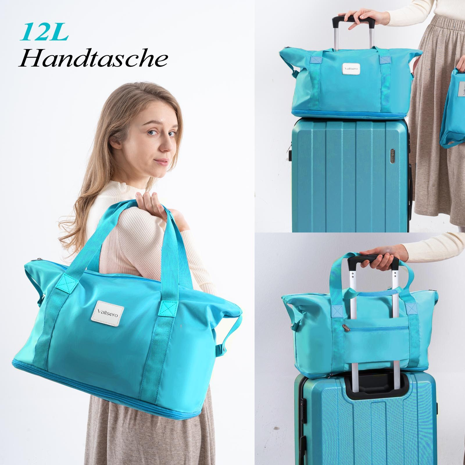 Frau hält eine hellblaue Reisetasche, im Hintergrund ein Set passendes Gepäck.