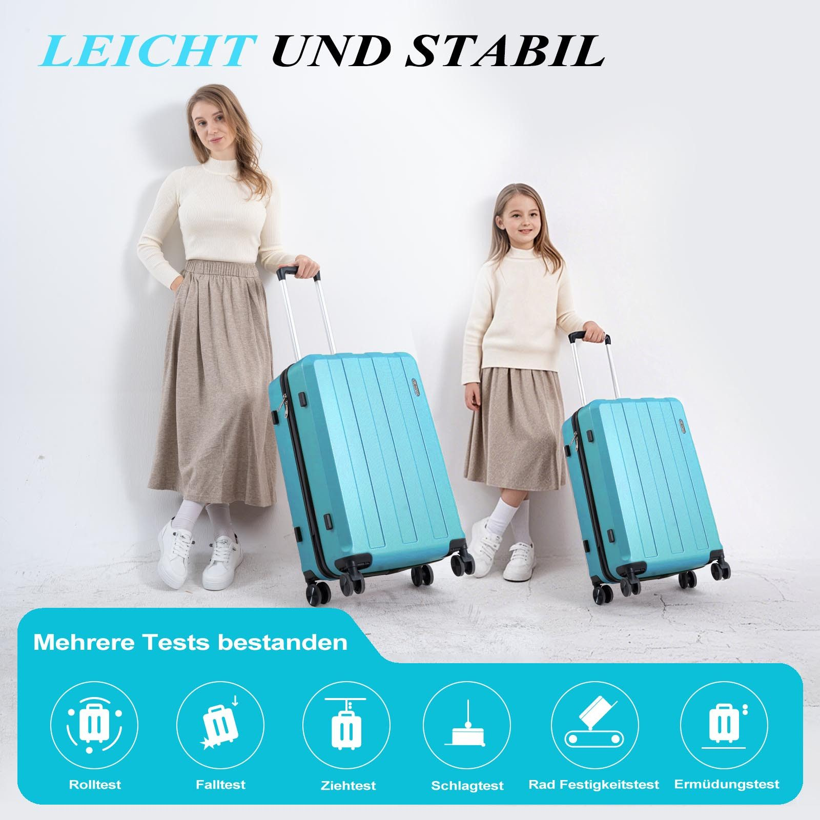 Zwei Frauen und ein Mädchen mit türkisfarbenen Koffern, Text: Leicht und Stabil.