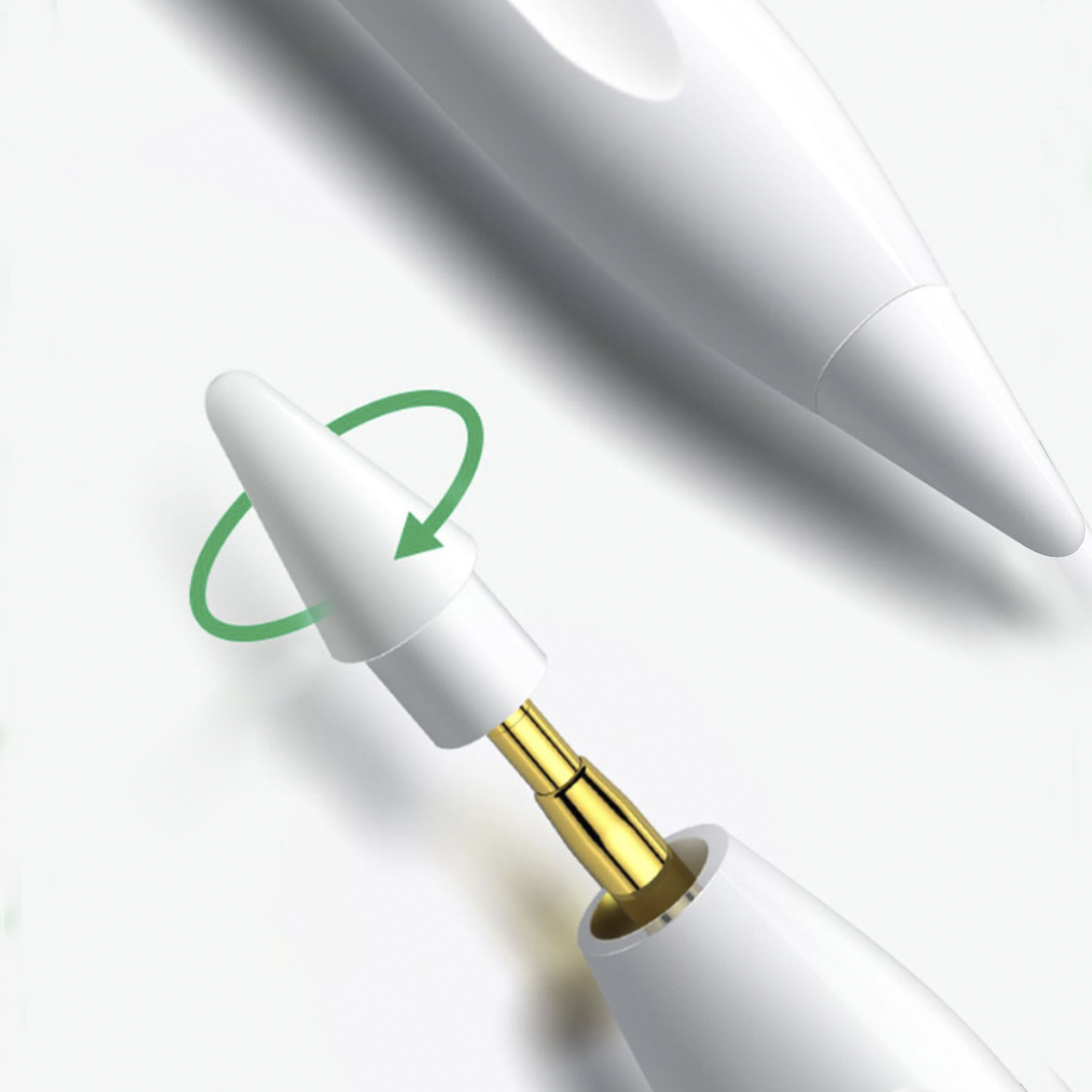 Weißer Stift mit abgenommener Kappe, der die goldene Spitze und einen grünen, sich drehenden Pfeil zeigt.
