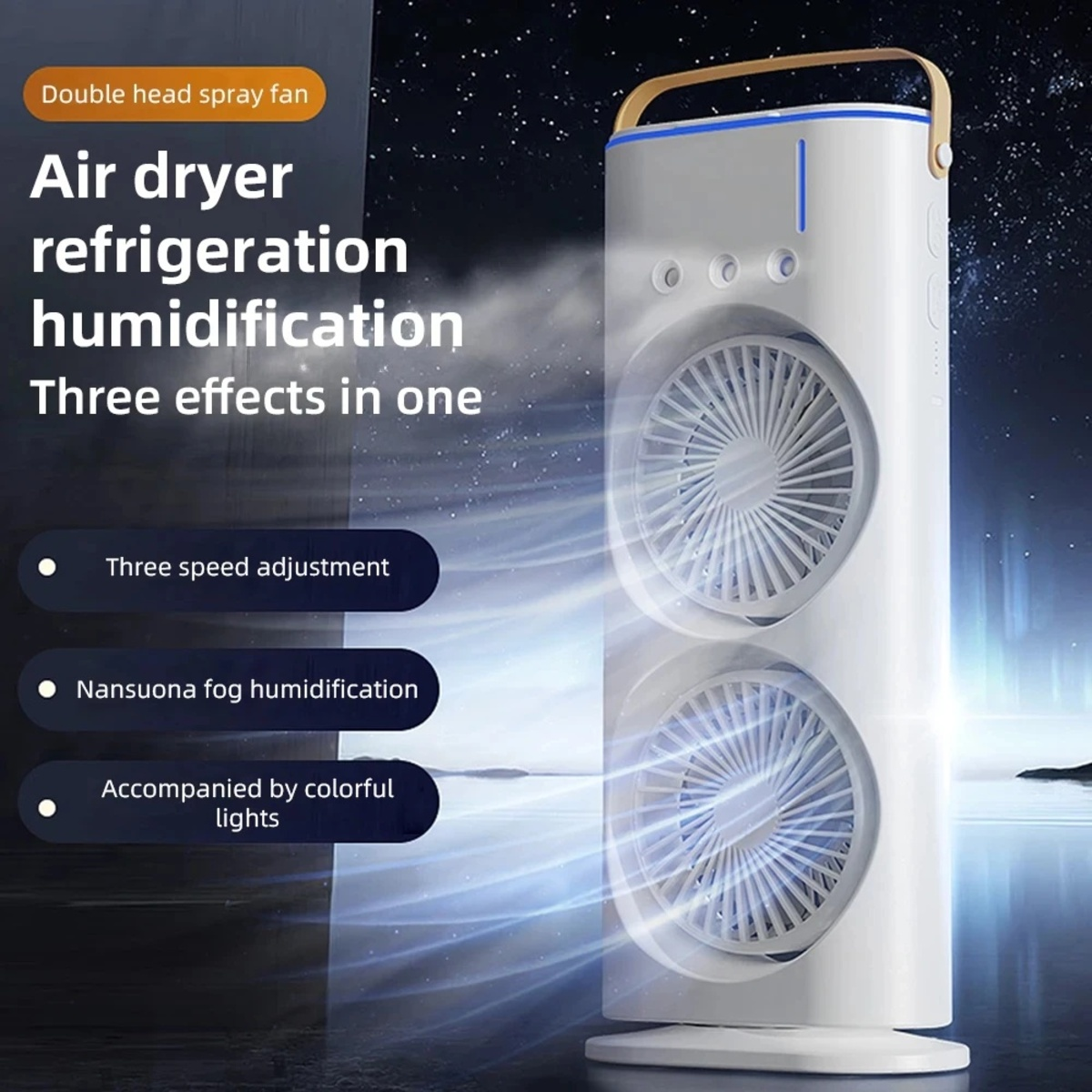 Ventilador blanco con texto sobre secador de aire, refrigeración y humidificación. El fondo es azul.
