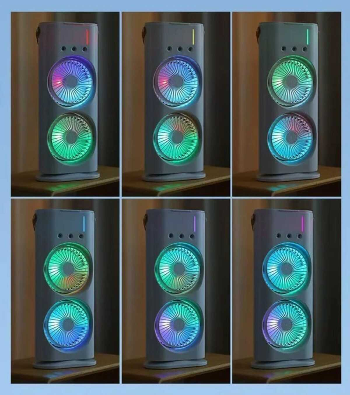 Múltiples ventiladores con luces de colores. Los ventiladores están en una torre gris sobre una superficie de madera.