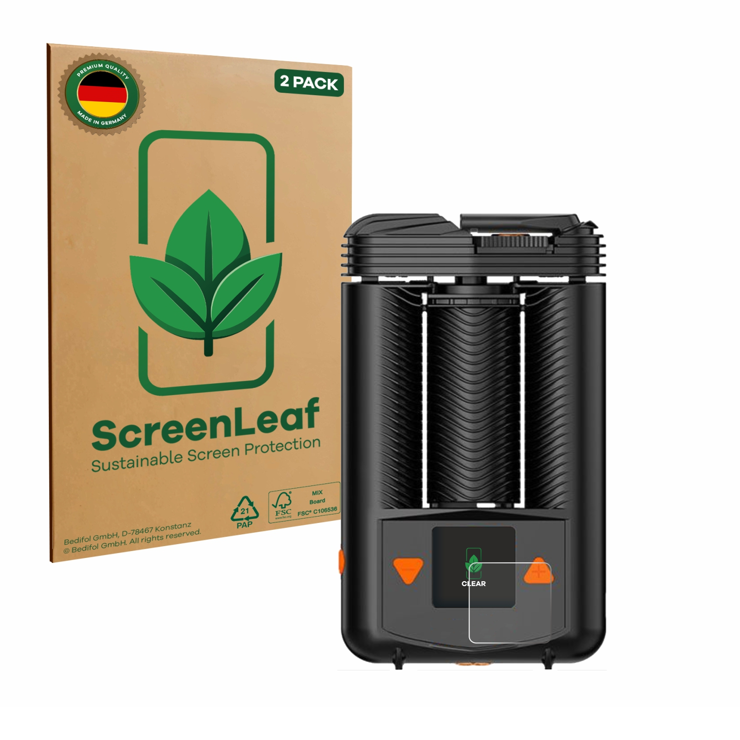 Ein Vaporizer mit Displayschutzfolie neben einer Box mit einer Displayschutzfolien-Illustration.