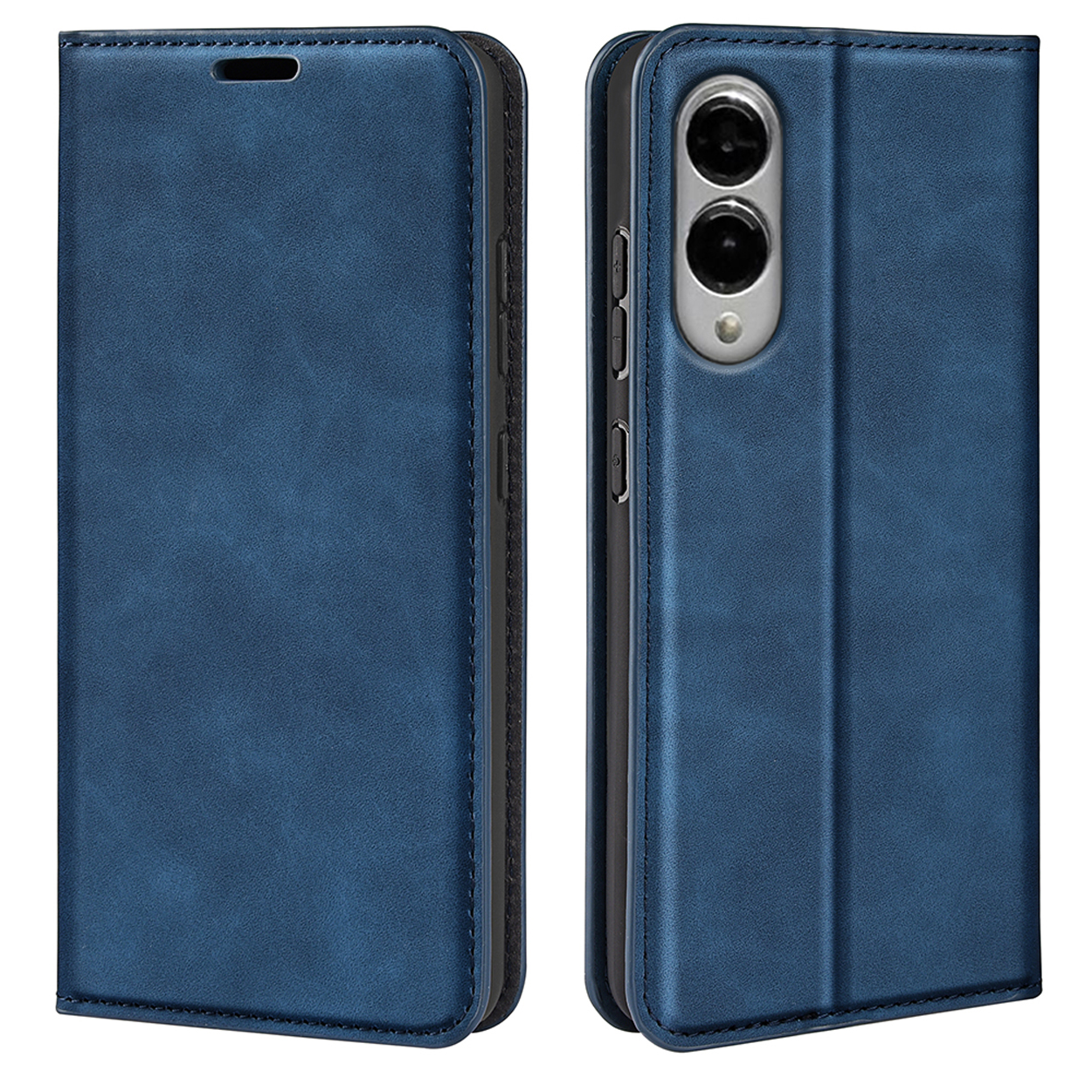 Blauwe telefoonhoes open, twee telefoons erin. De hoes is blauw, de binnenkant zwart.