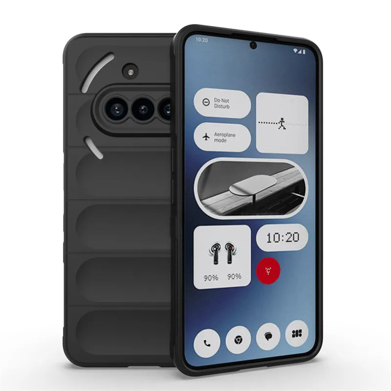 Zwarte telefoon met een zwarte hoes, met de tijd en een gebruikersinterface.