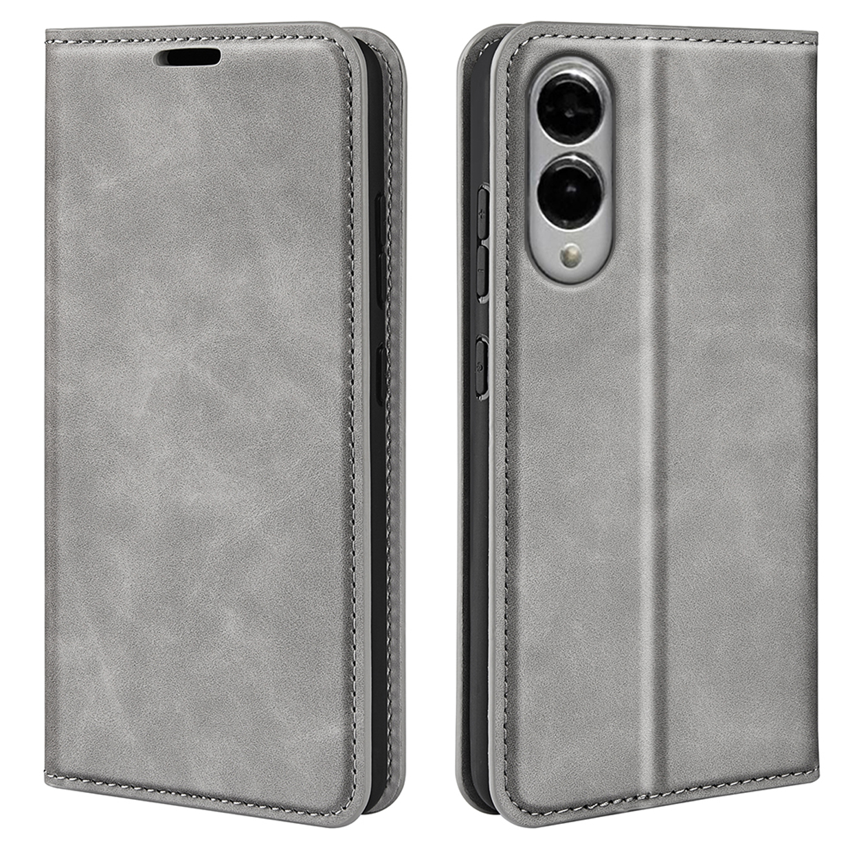 Un étui de téléphone gris. Un téléphone est à l'intérieur de l'étui. Deux vues de l'étui et du téléphone.
