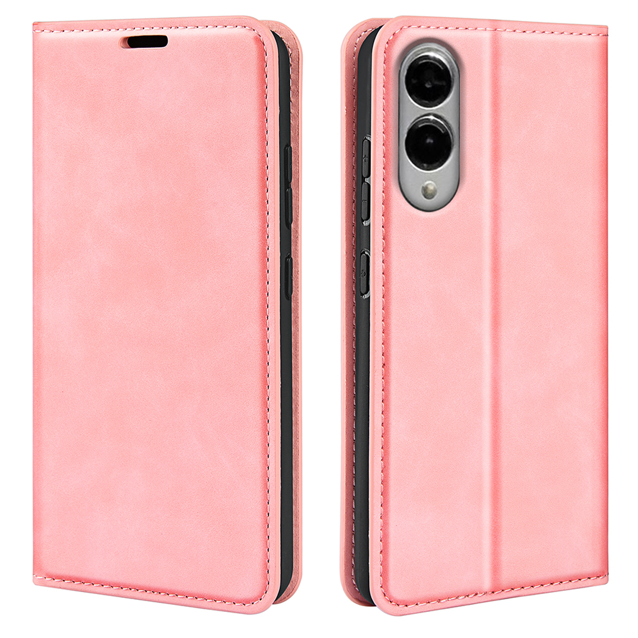 Een roze telefoonhoes. Een telefoon zit in de hoes. Twee aanzichten van de hoes en de telefoon.