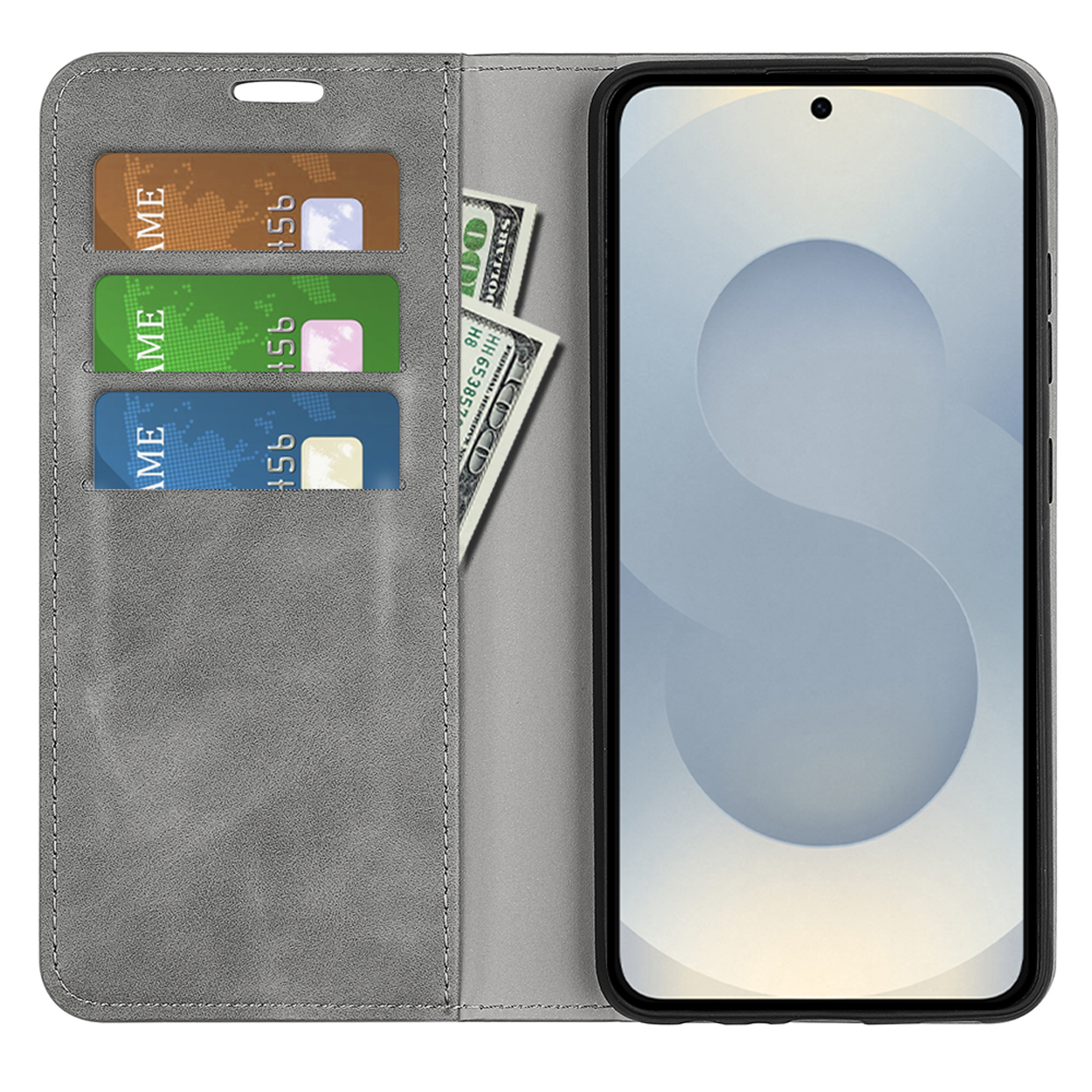Étui de téléphone gris ouvert avec cartes de crédit et argent, un smartphone est dedans.