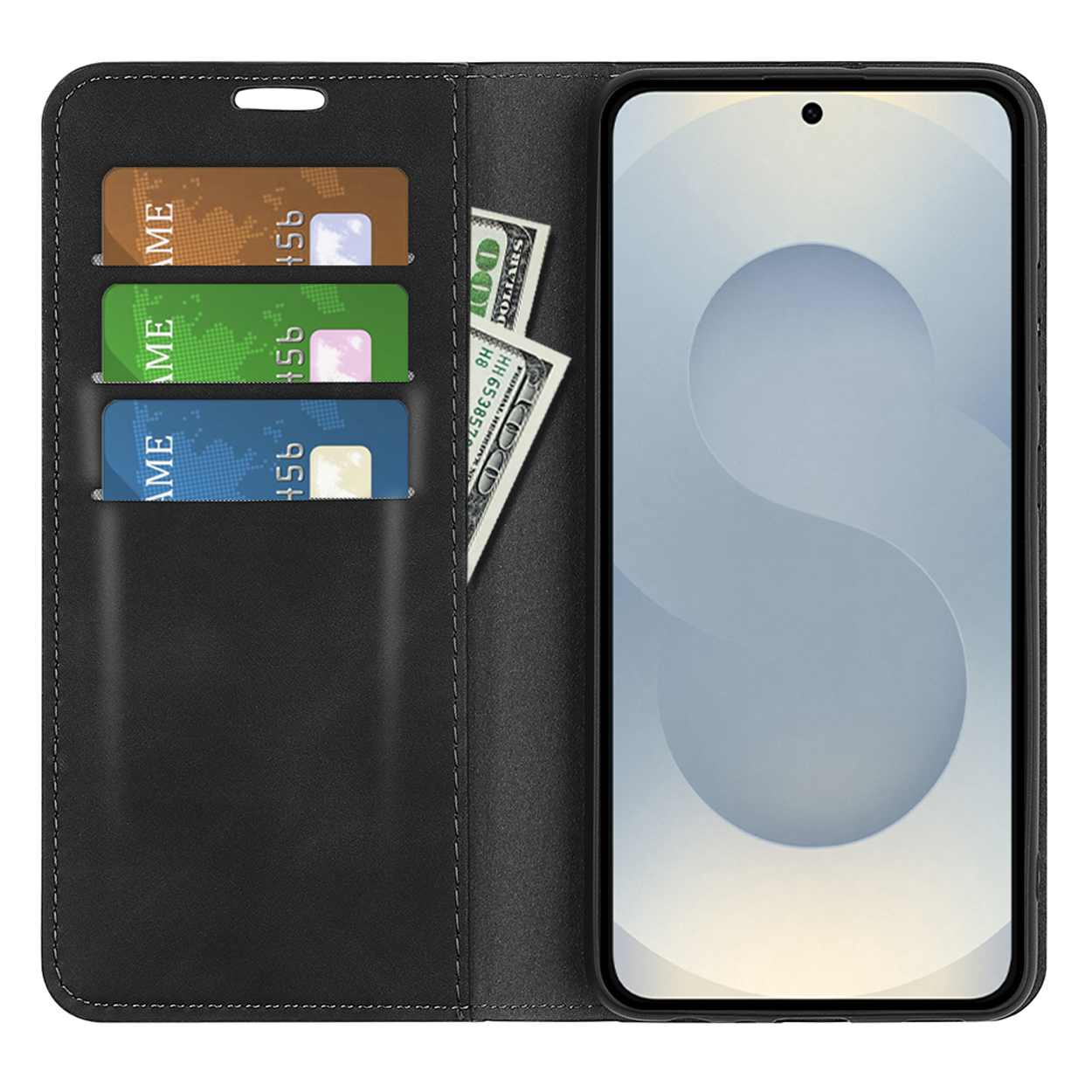 Zwarte telefoonhoes open met biljet en creditcards erin, telefoon rechts.