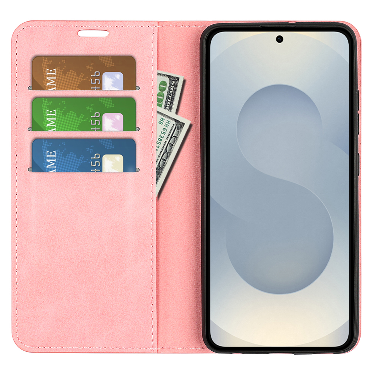 Roze telefoonhoes open met biljet en creditcards erin, telefoon rechts.