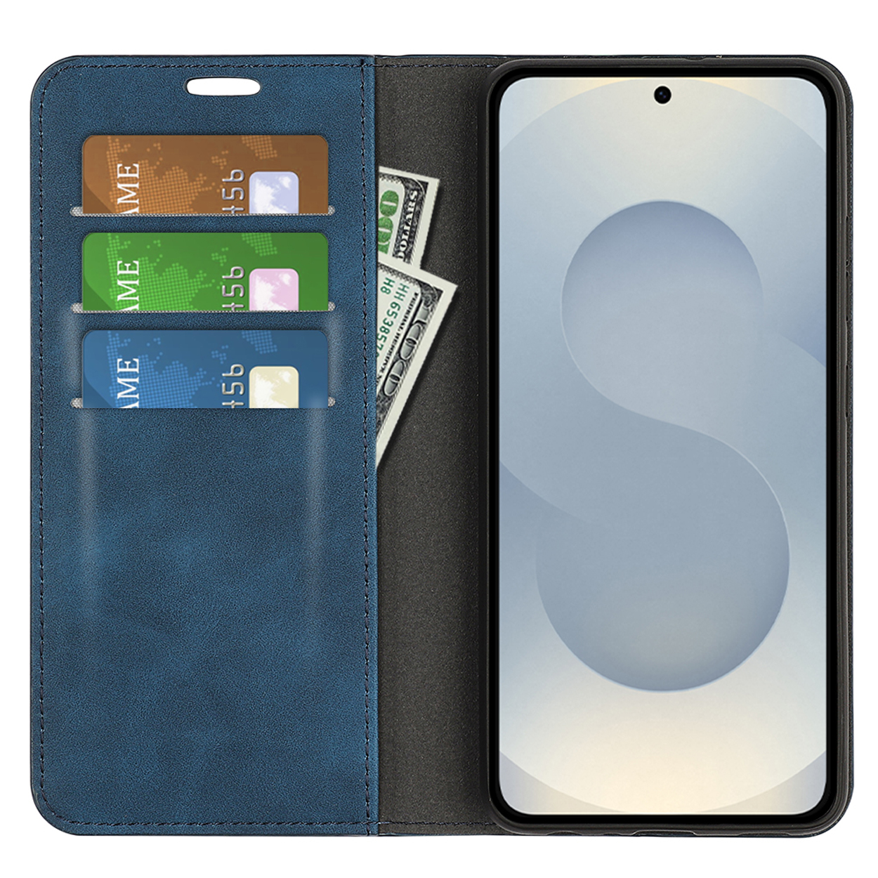Blauwe telefoonhoes open met creditcards en geld, er zit een smartphone in.