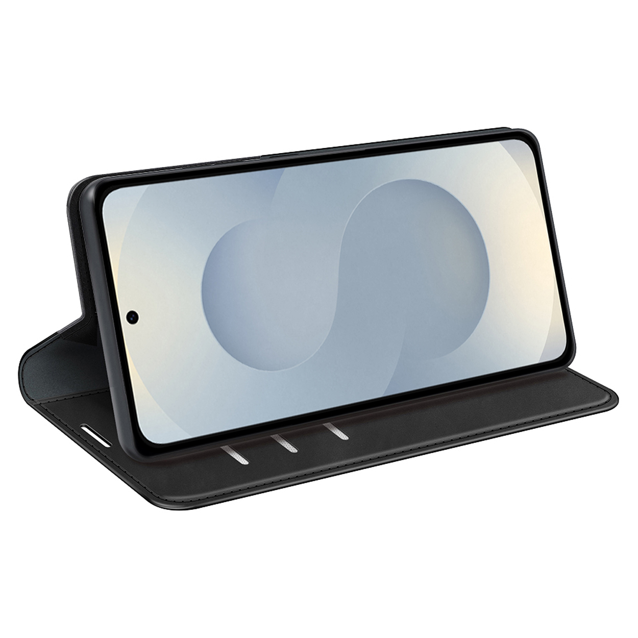 Zwarte telefoonhoes open met telefoon erin. Telefoon is horizontaal. Witte achtergrond.