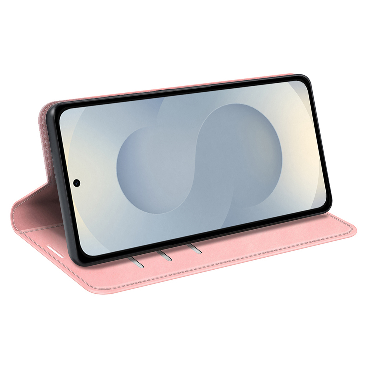 Roze telefoonhoes open met telefoon erin, horizontaal. Witte achtergrond.