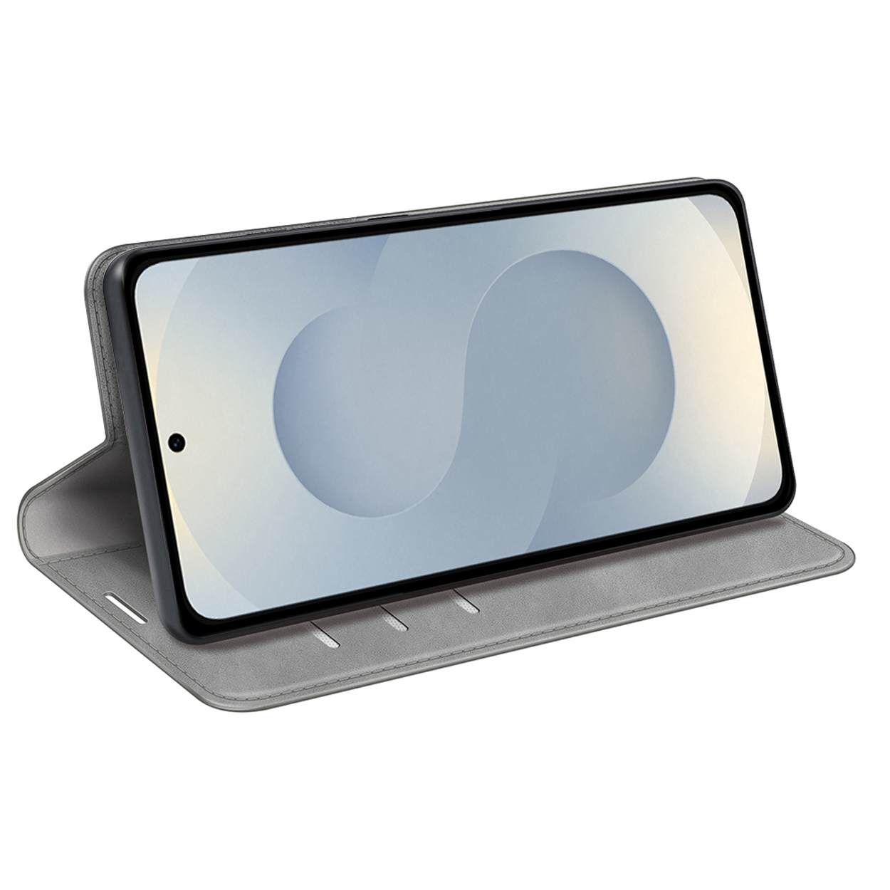 Étui de téléphone gris ouvert avec téléphone, horizontal. Fond blanc.